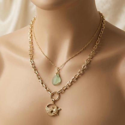 Pacific Shore Sea Glass Layering Necklace with Wave & Turtle Pendant - Gold Plated Steel