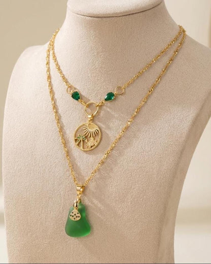 Pacific Green Genuine Sea Glass Layering Necklace With Tropical Crab Pendant - Gold Plated Steel