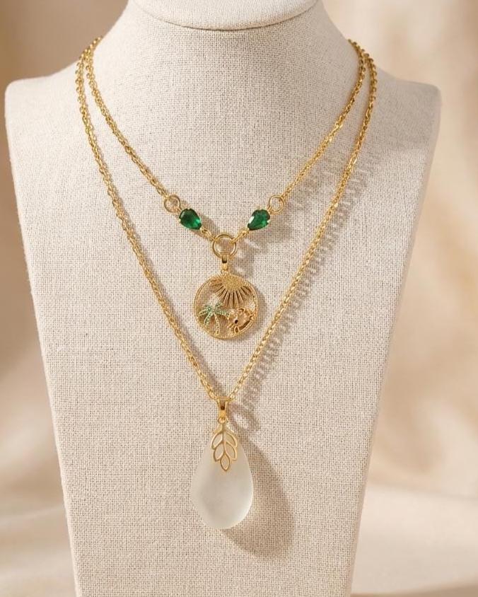 Pacific Genuine Sea Glass Layered Necklace with Tropical Crab Pendant - Gold Plated Steel Ocean Jewelry