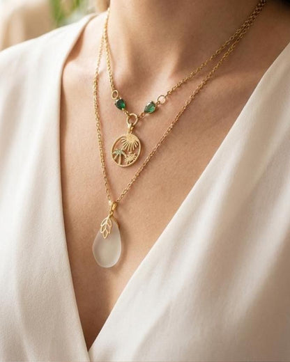 Pacific Genuine Sea Glass Layered Necklace with Tropical Crab Pendant - Gold Plated Steel Ocean Jewelry