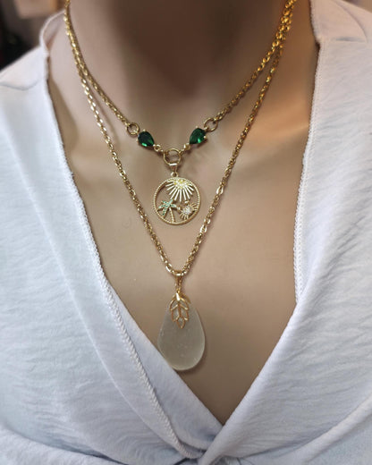 Pacific Genuine Sea Glass Layered Necklace with Tropical Crab Pendant - Gold Plated Steel Ocean Jewelry