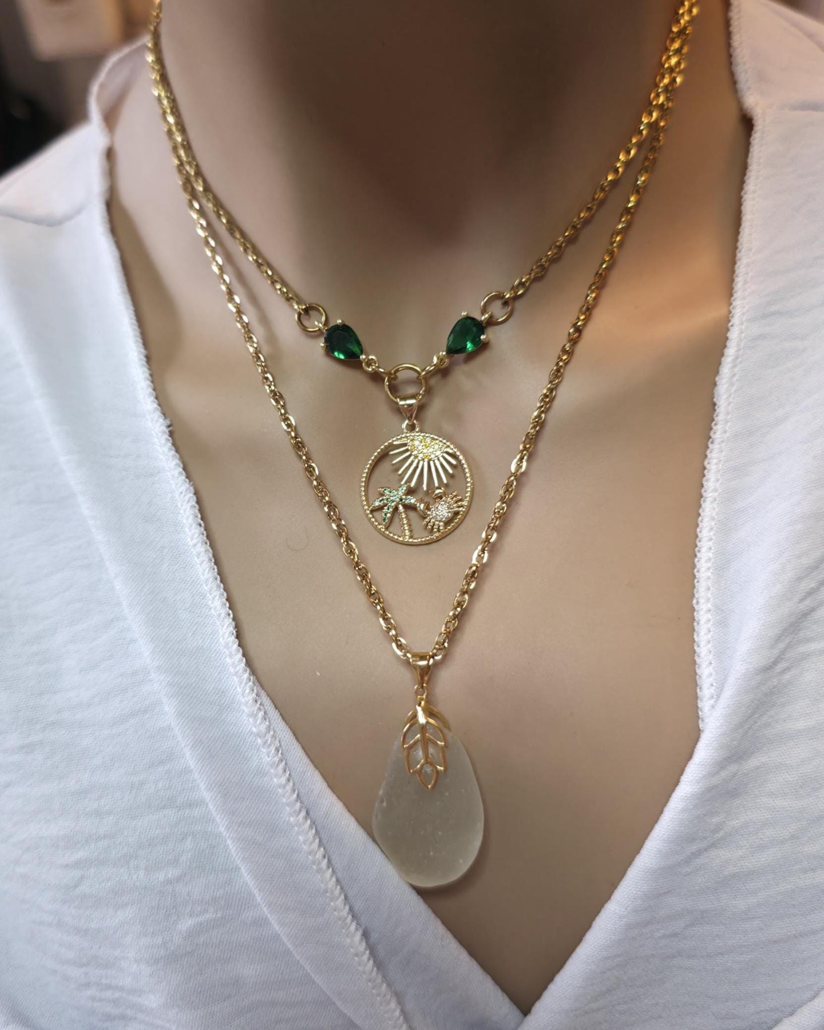 Pacific Genuine Sea Glass Layered Necklace with Tropical Crab Pendant - Gold Plated Steel Ocean Jewelry