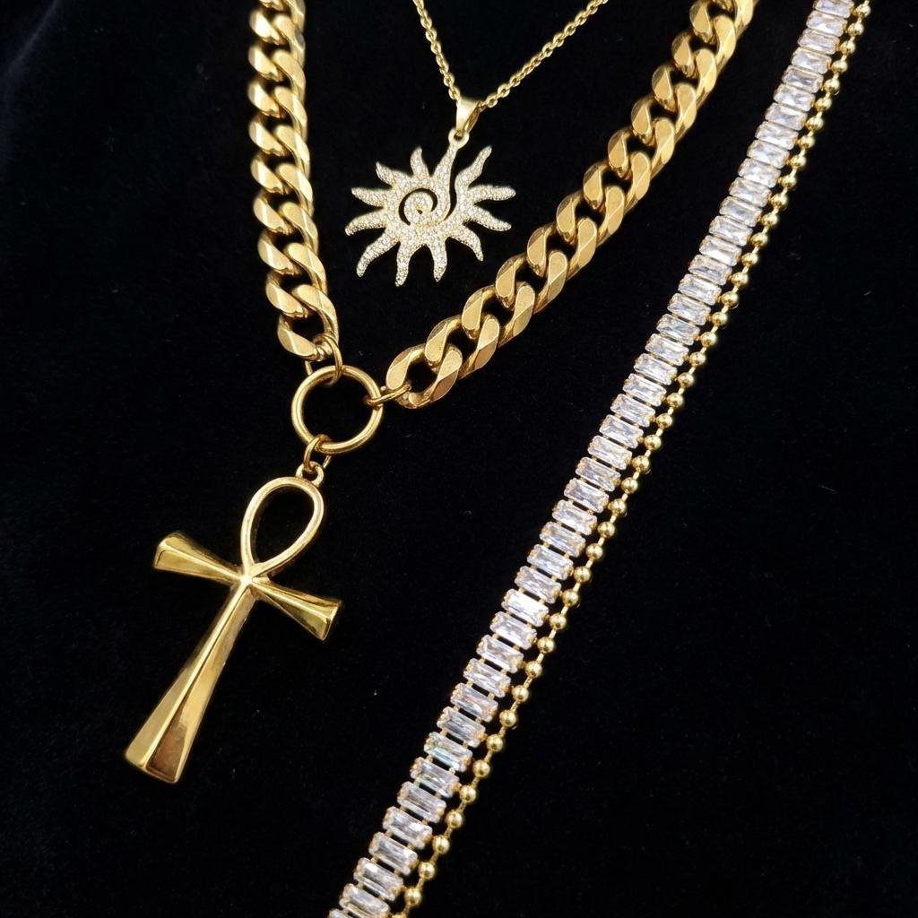 Egyptian Layered Necklace Set -- Falcon of Horus CZ Pendant and Gold Festoon Stack - 18K Gold Plated Ankh Sun Necklace - Maximalist Jewelry