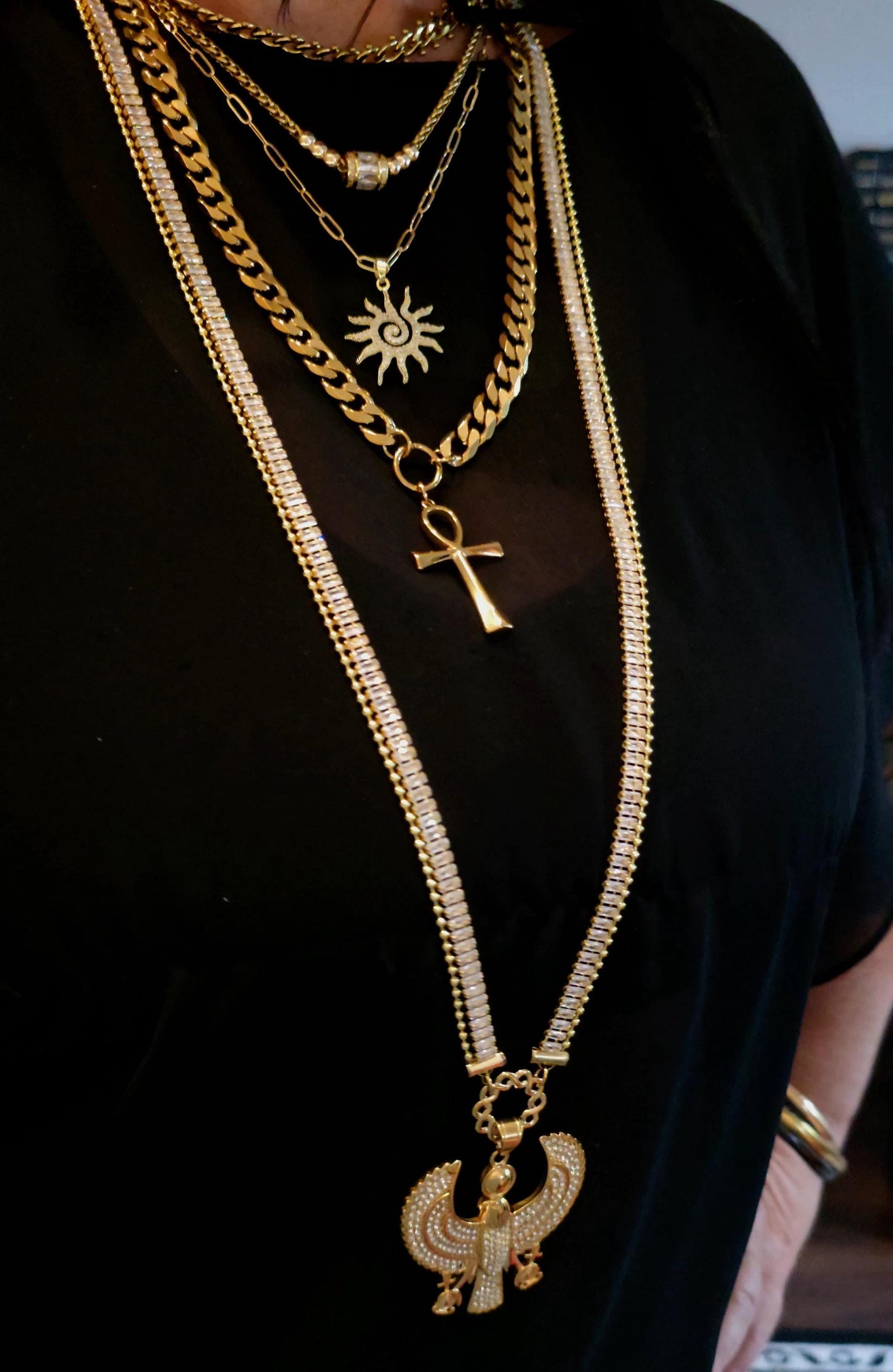 Egyptian Layered Necklace Set -- Falcon of Horus CZ Pendant and Gold Festoon Stack - 18K Gold Plated Ankh Sun Necklace - Maximalist Jewelry