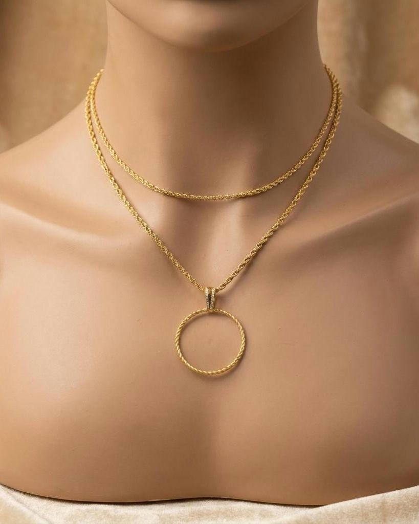 Gold Steel Layered Elegant Day Collar Necklace, Braided dainty O-Ring Pendant, Symbolic Necklace
