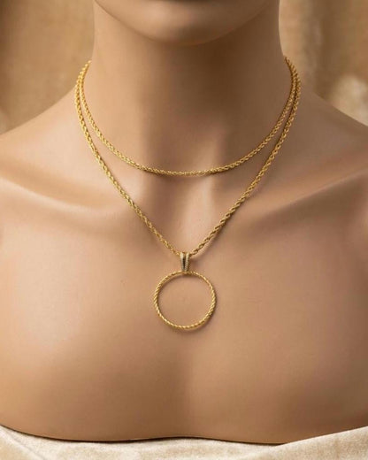 Gold Steel Layered Elegant Day Collar Necklace, Braided dainty O-Ring Pendant, Symbolic Necklace