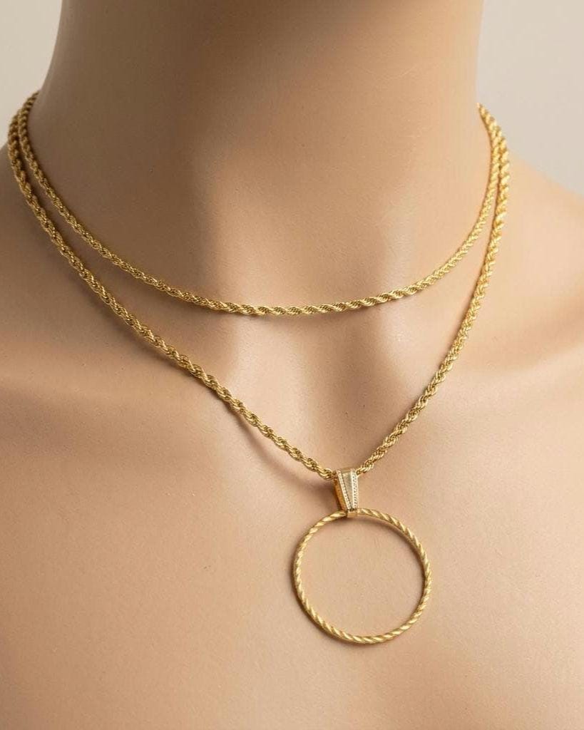 Gold Steel Layered Elegant Day Collar Necklace, Braided dainty O-Ring Pendant, Symbolic Necklace