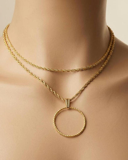 Gold Steel Layered Elegant Day Collar Necklace, Braided dainty O-Ring Pendant, Symbolic Necklace