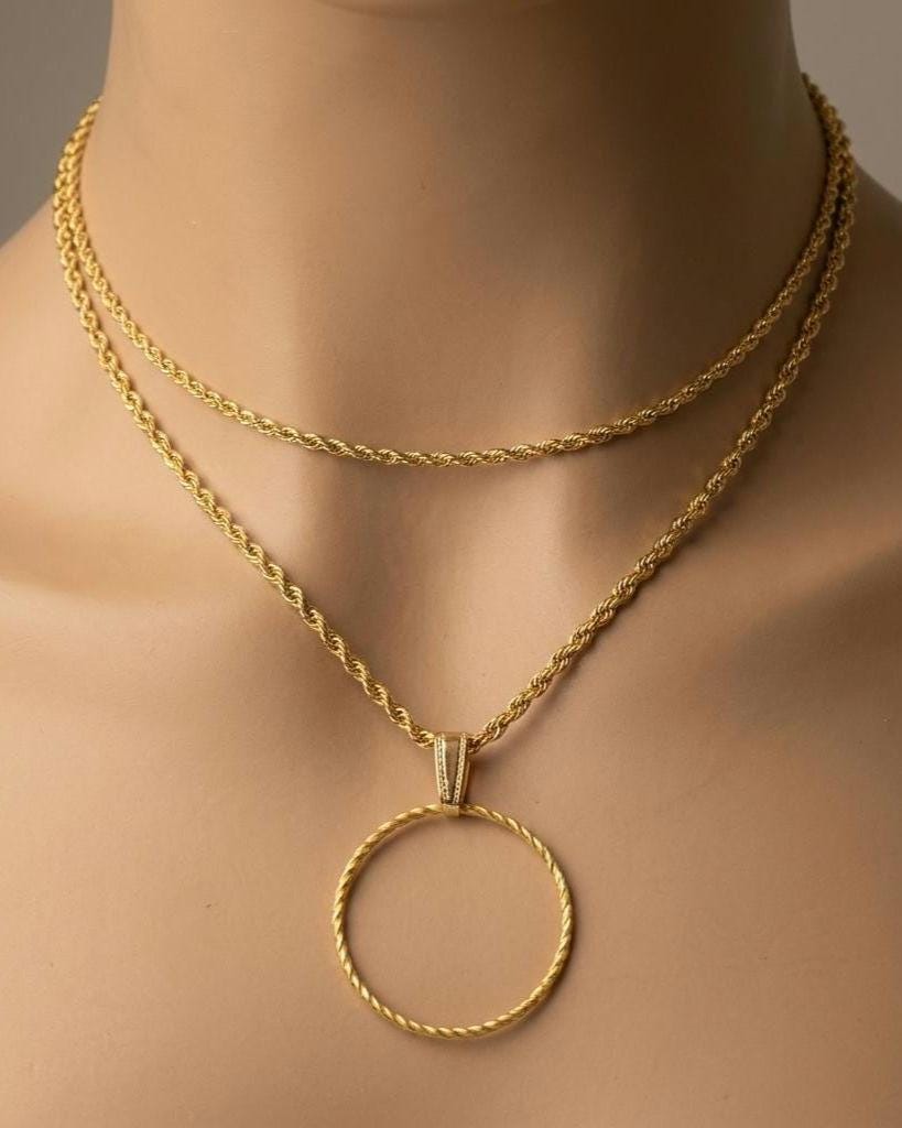 Gold Steel Layered Elegant Day Collar Necklace, Braided dainty O-Ring Pendant, Symbolic Necklace