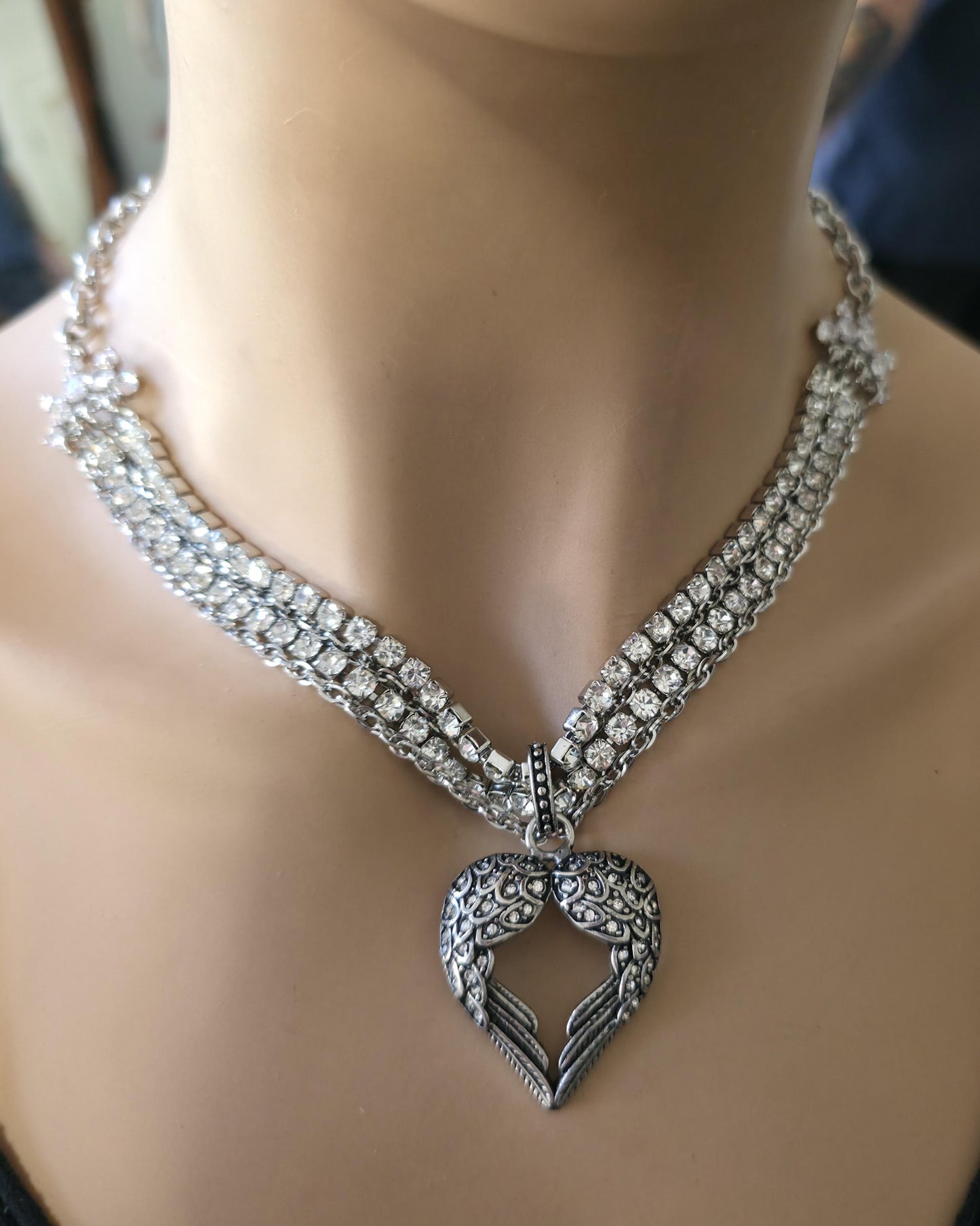 Angel Wing Heart Necklace Triple Strand Rhinestone Choker - Statement Jewelry - Gothic Wedding Jewelry