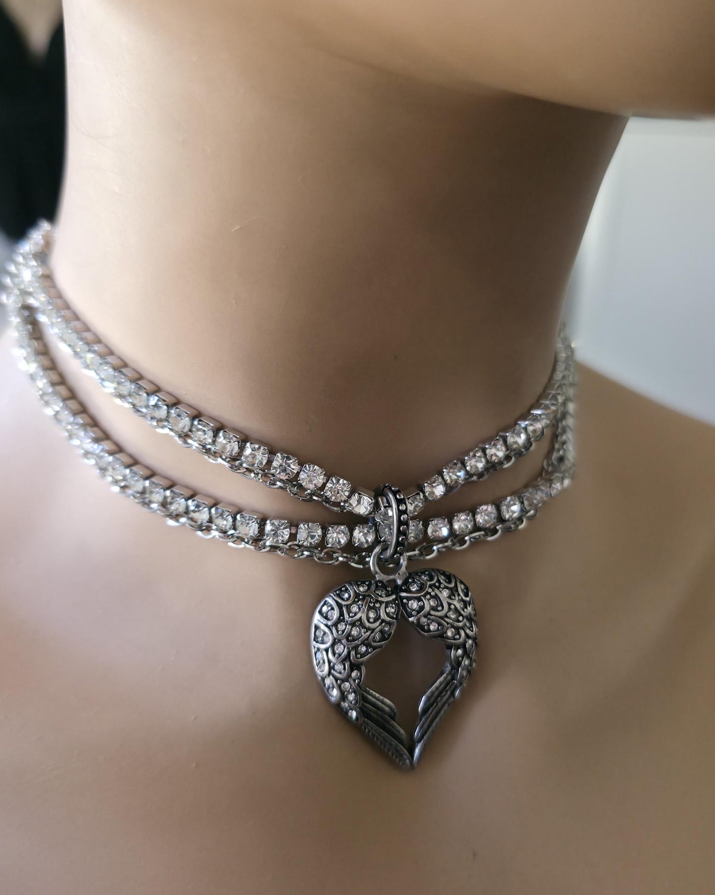 Angel Wing Heart Necklace Triple Strand Rhinestone Choker - Statement Jewelry - Gothic Wedding Jewelry