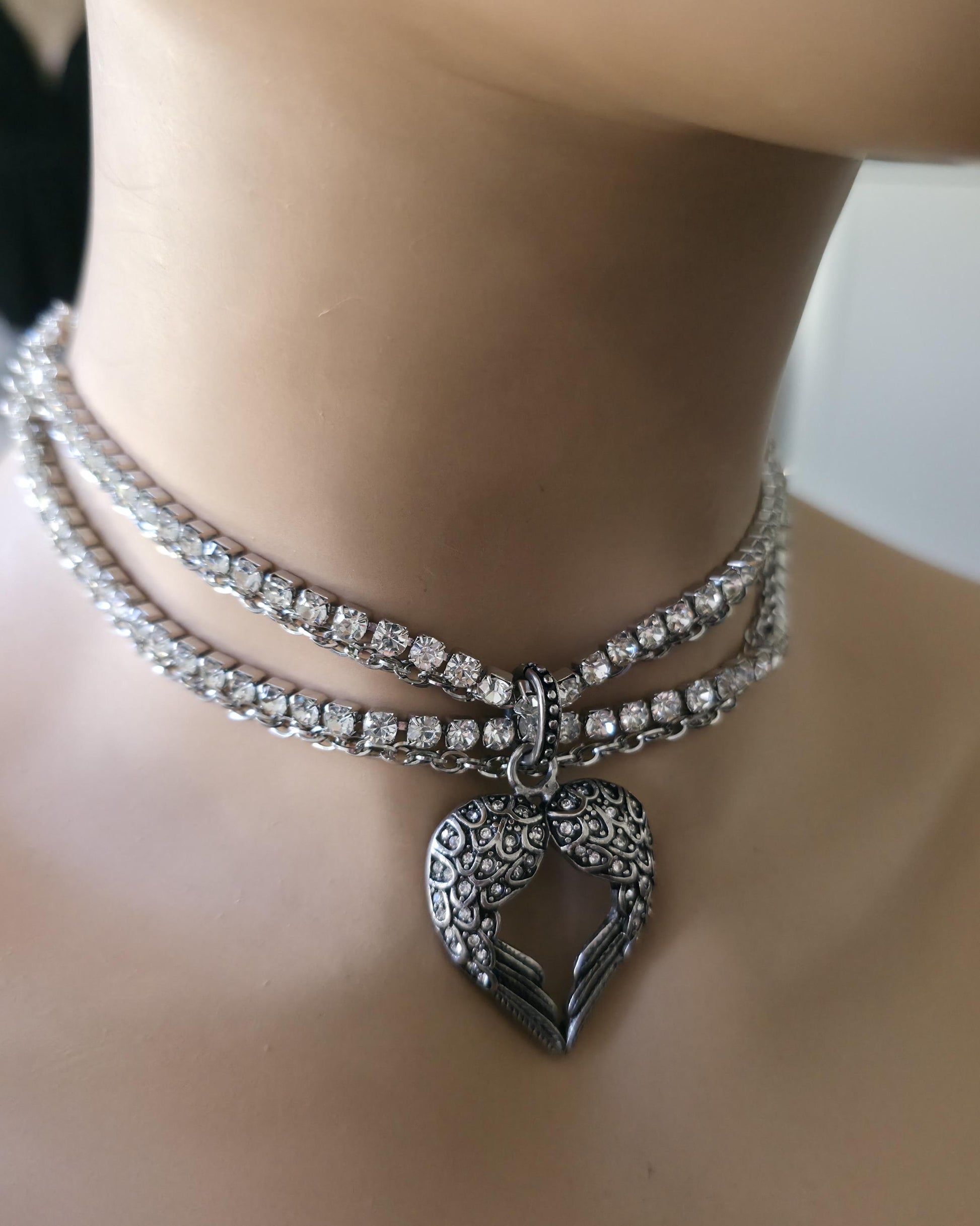 Angel Wing Heart Necklace Triple Strand Rhinestone Choker - Statement Jewelry - Gothic Wedding Jewelry