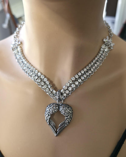 Angel Wing Heart Necklace Triple Strand Rhinestone Choker - Statement Jewelry - Gothic Wedding Jewelry