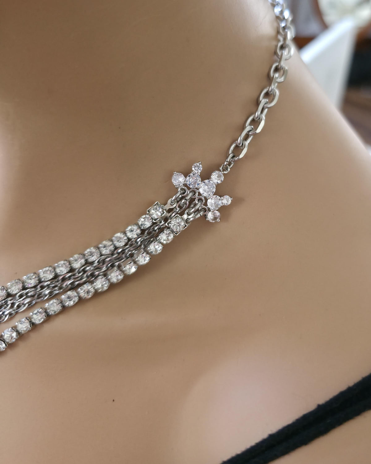 Angel Wing Heart Necklace Triple Strand Rhinestone Choker - Statement Jewelry - Gothic Wedding Jewelry