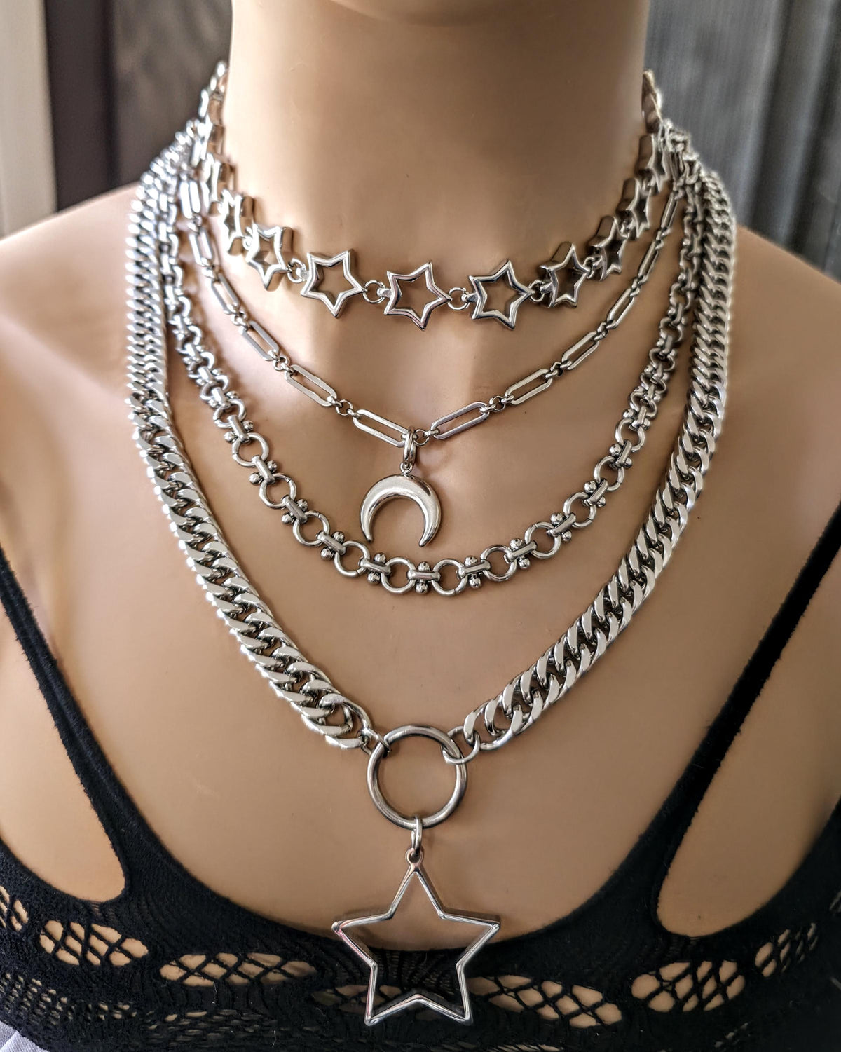 Stainless Steel Layered Star Necklace Set, Star Choker and Crescent Moon Chain, Gothic Celestial Necklace, Two Piece Layered Necklace