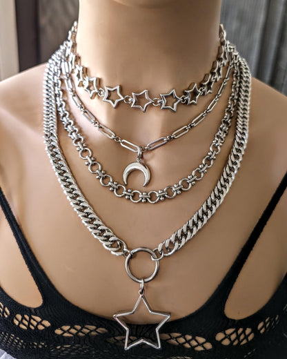 Stainless Steel Layered Star Necklace Set, Star Choker and Crescent Moon Chain, Gothic Celestial Necklace, Two Piece Layered Necklace