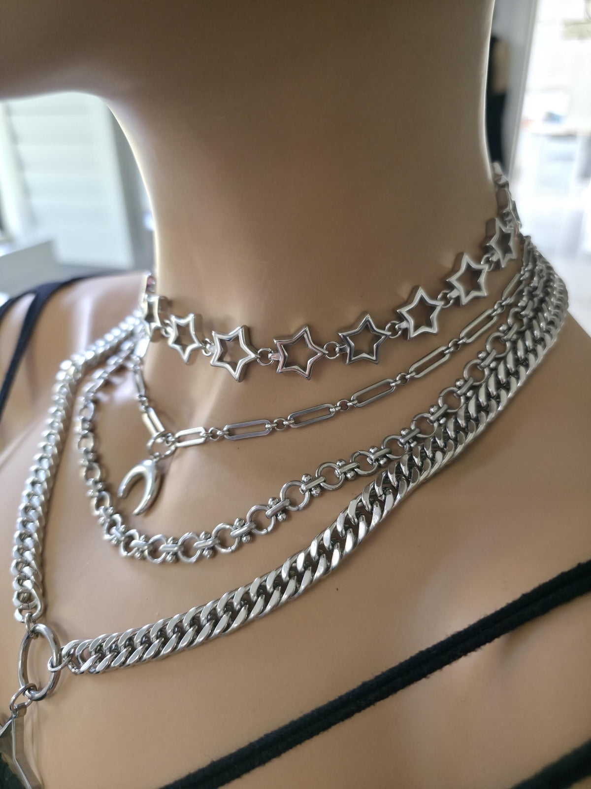 Stainless Steel Layered Star Necklace Set, Star Choker and Crescent Moon Chain, Gothic Celestial Necklace, Two Piece Layered Necklace