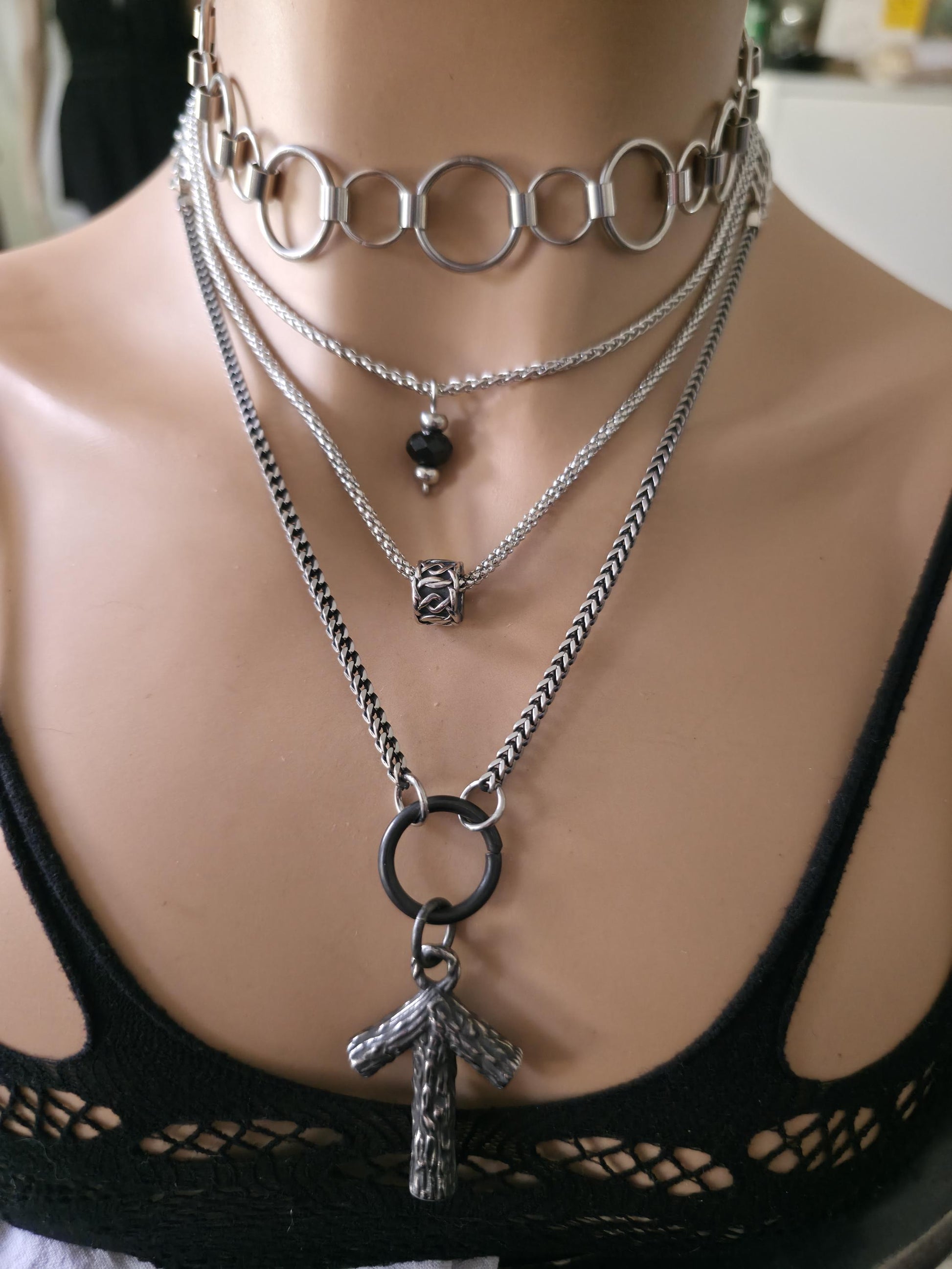 Norse Layered Necklace Set with Tiwaz Warrior Rune Pendant & Obsidian Protection Stone - Handwoven Chainmail Choker Steel Viking Jewelry