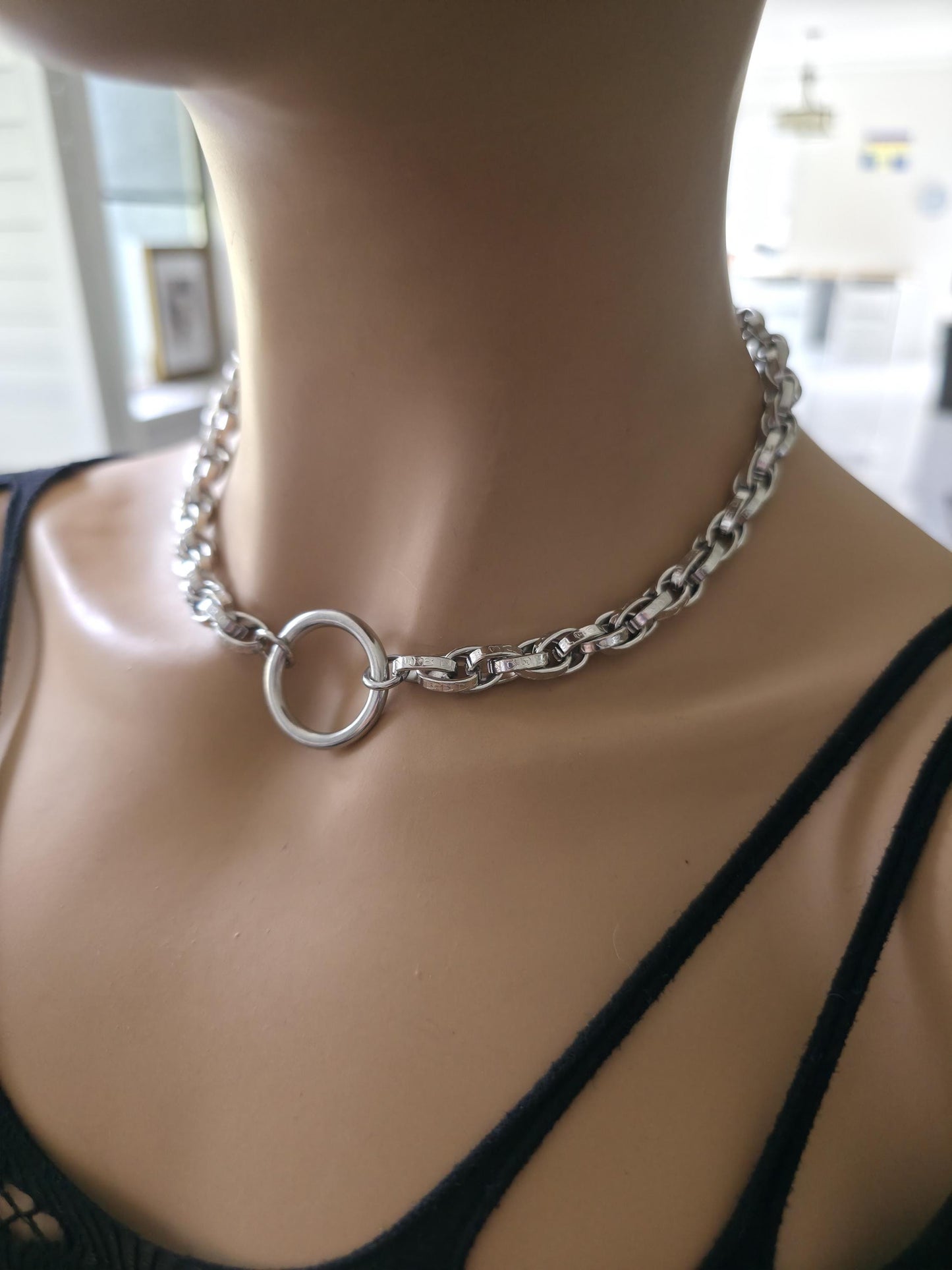 Steel Day Collar Necklace O Ring Choker, Adjustable, Locking Option, Unisex Goth Jewelry, 14–20 Inch