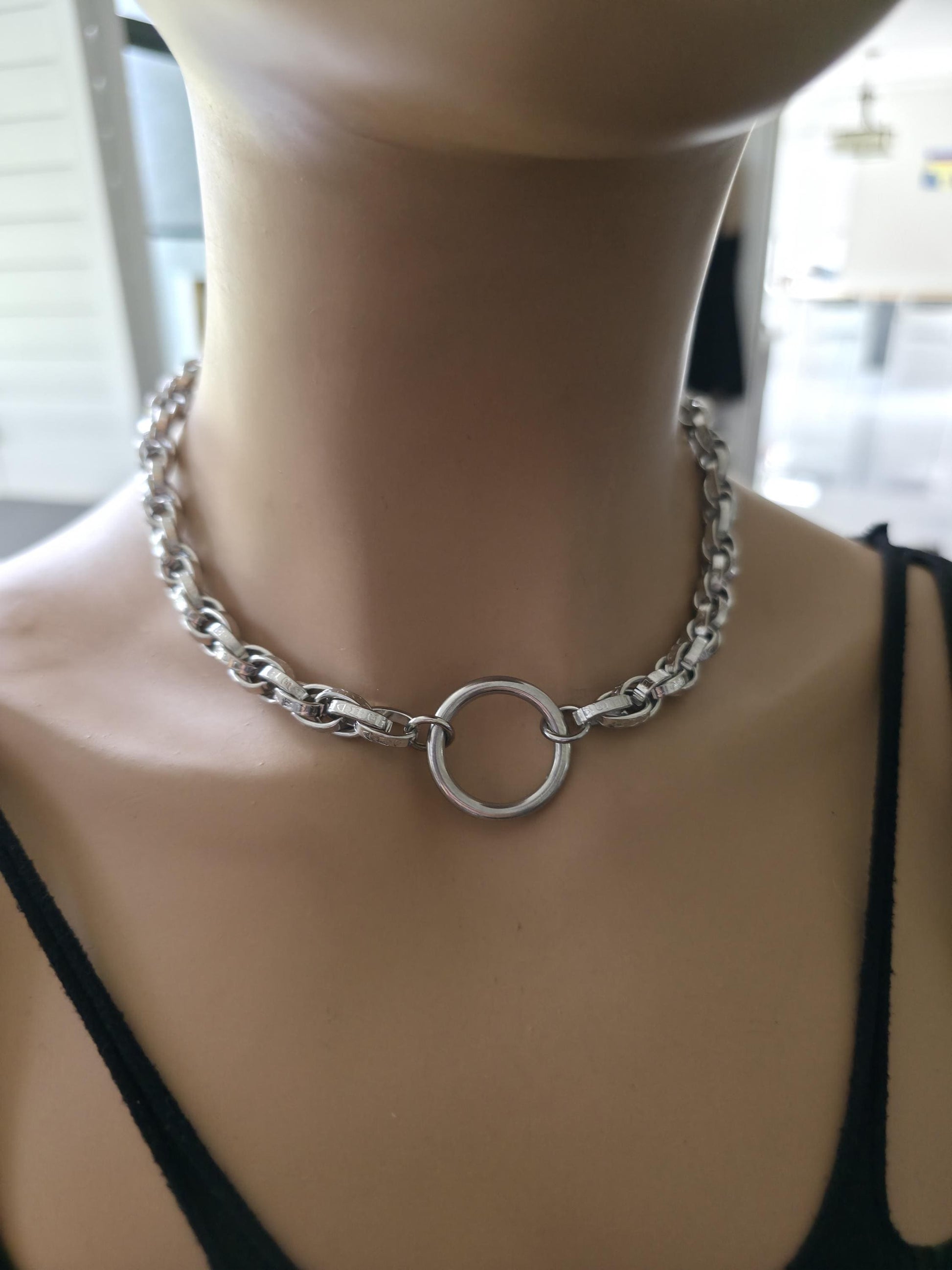 Steel Day Collar Necklace O Ring Choker, Adjustable, Locking Option, Unisex Goth Jewelry, 14–20 Inch