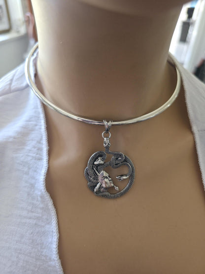 Medusa Necklace Stainless Steel Rigid Collar wtih Oxidized Medusa Pendant - Gothic Mythology Feminist Survivor Jewelry