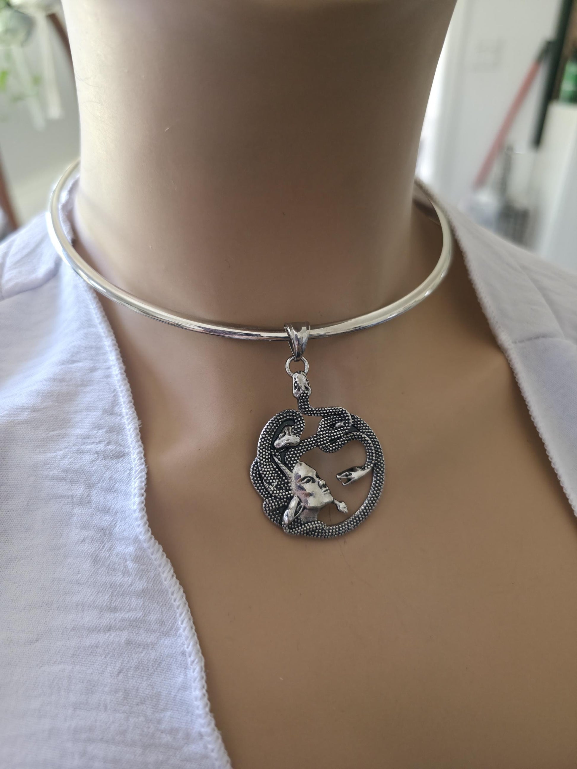 Medusa Necklace Stainless Steel Rigid Collar wtih Oxidized Medusa Pendant - Gothic Mythology Feminist Survivor Jewelry