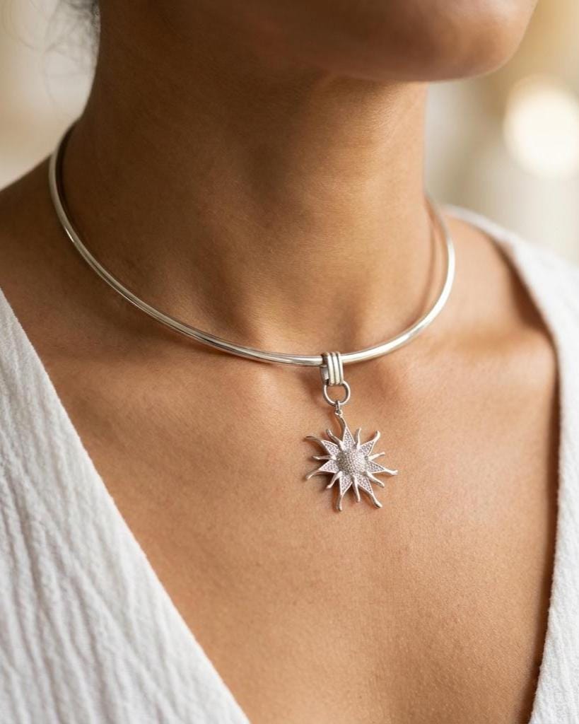 Stainless Steel Sun Rigid Wire Collar Choker Necklace - CZ Removable Sun Pendant Necklace