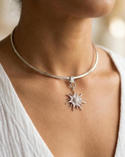 Stainless Steel Sun Rigid Wire Collar Choker Necklace - CZ Removable Sun Pendant Necklace