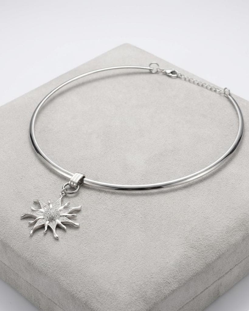 Stainless Steel Sun Rigid Wire Collar Choker Necklace - CZ Removable Sun Pendant Necklace