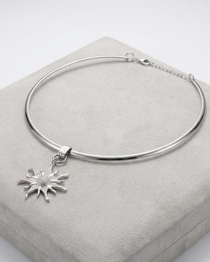 Stainless Steel Sun Rigid Wire Collar Choker Necklace - CZ Removable Sun Pendant Necklace