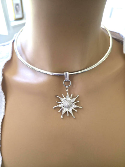 Stainless Steel Sun Rigid Wire Collar Choker Necklace - CZ Removable Sun Pendant Necklace