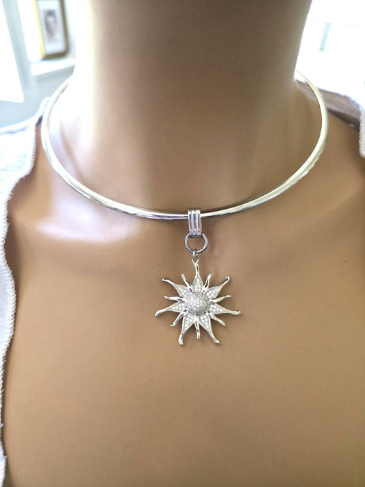 Stainless Steel Sun Rigid Wire Collar Choker Necklace - CZ Removable Sun Pendant Necklace