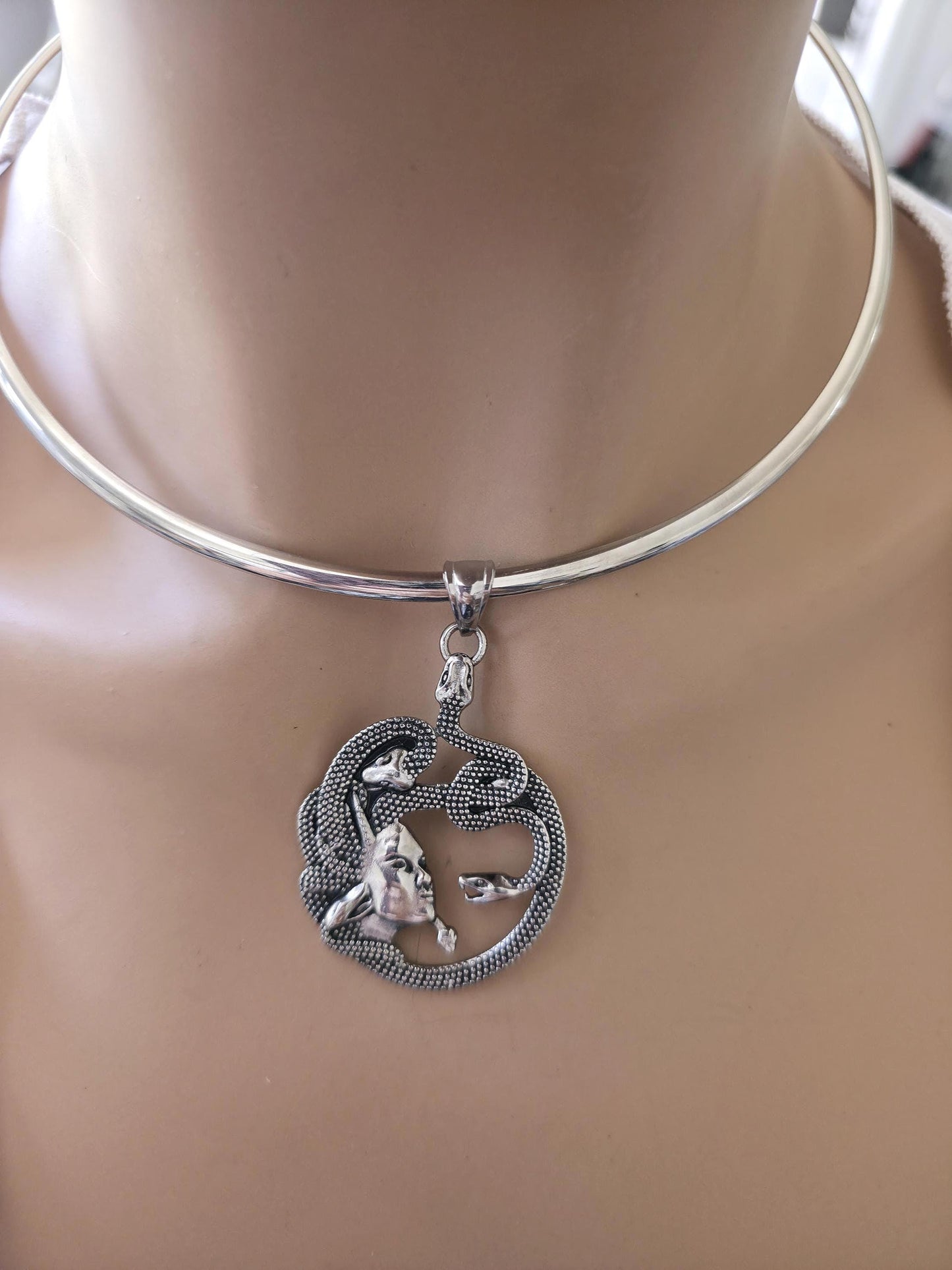 Medusa Necklace Stainless Steel Rigid Collar wtih Oxidized Medusa Pendant - Gothic Mythology Feminist Survivor Jewelry