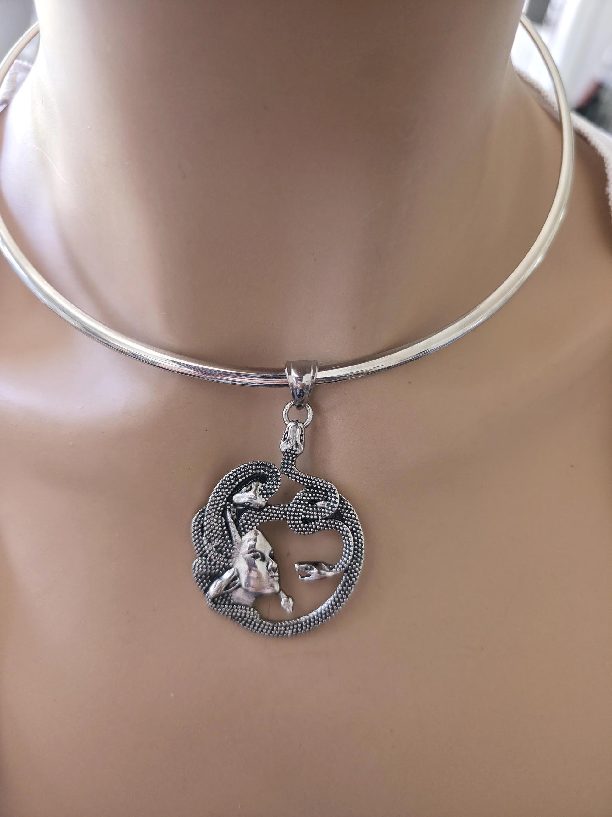 Medusa Necklace Stainless Steel Rigid Collar wtih Oxidized Medusa Pendant - Gothic Mythology Feminist Survivor Jewelry