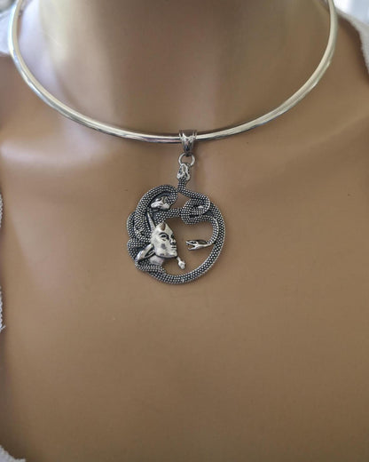 Medusa Necklace Stainless Steel Rigid Collar wtih Oxidized Medusa Pendant - Gothic Mythology Feminist Survivor Jewelry