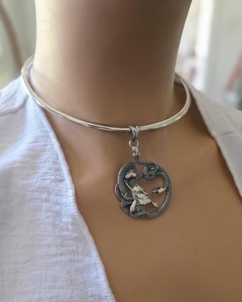Medusa Necklace Stainless Steel Rigid Collar wtih Oxidized Medusa Pendant - Gothic Mythology Feminist Survivor Jewelry