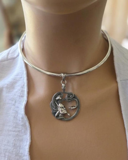 Medusa Necklace Stainless Steel Rigid Collar wtih Oxidized Medusa Pendant - Gothic Mythology Feminist Survivor Jewelry