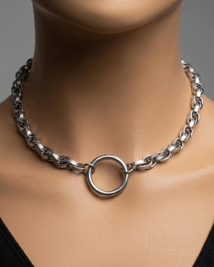 Steel Day Collar Necklace O Ring Choker, Adjustable, Locking Option, Unisex Goth Jewelry, 14–20 Inch