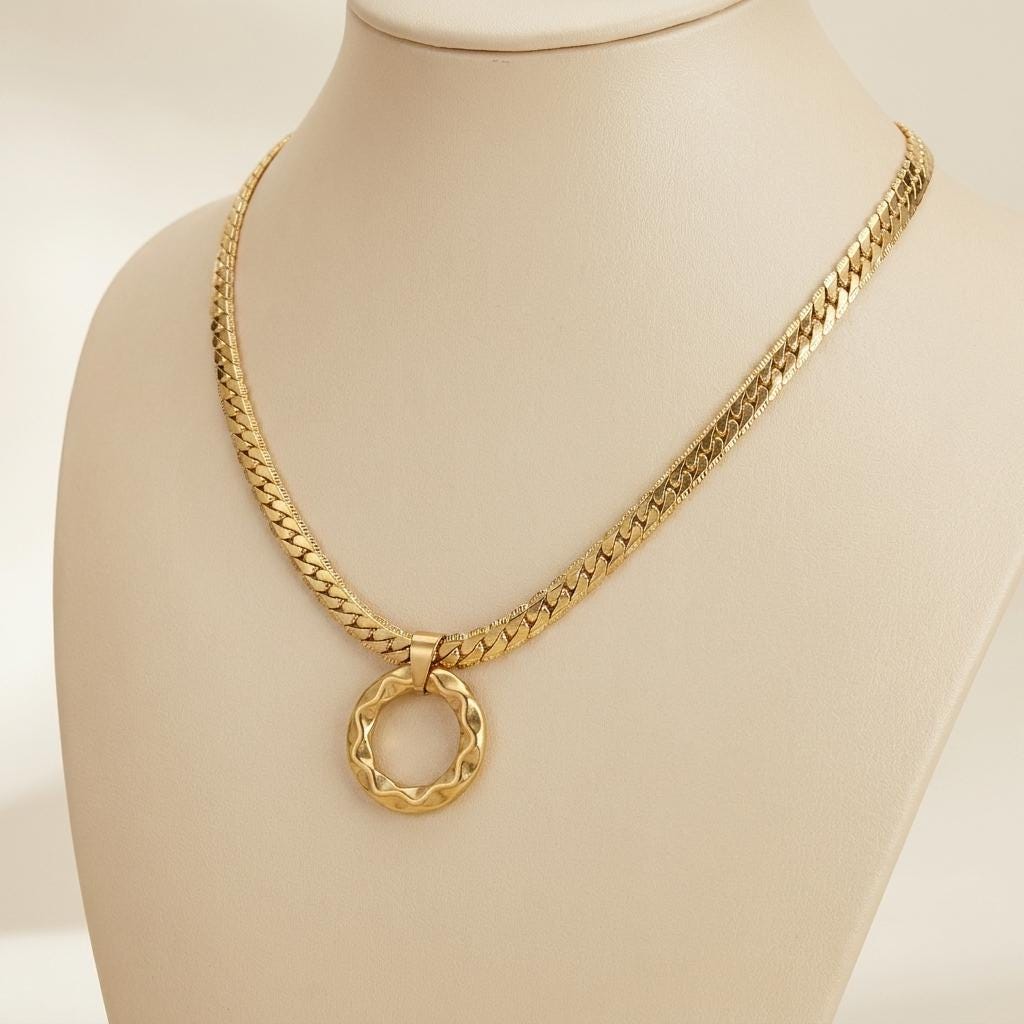 Mens Gold Steel Day Collar, Hammered O-Ring Pendant, Locking Option - Herringbone Chain Symbolic Necklace