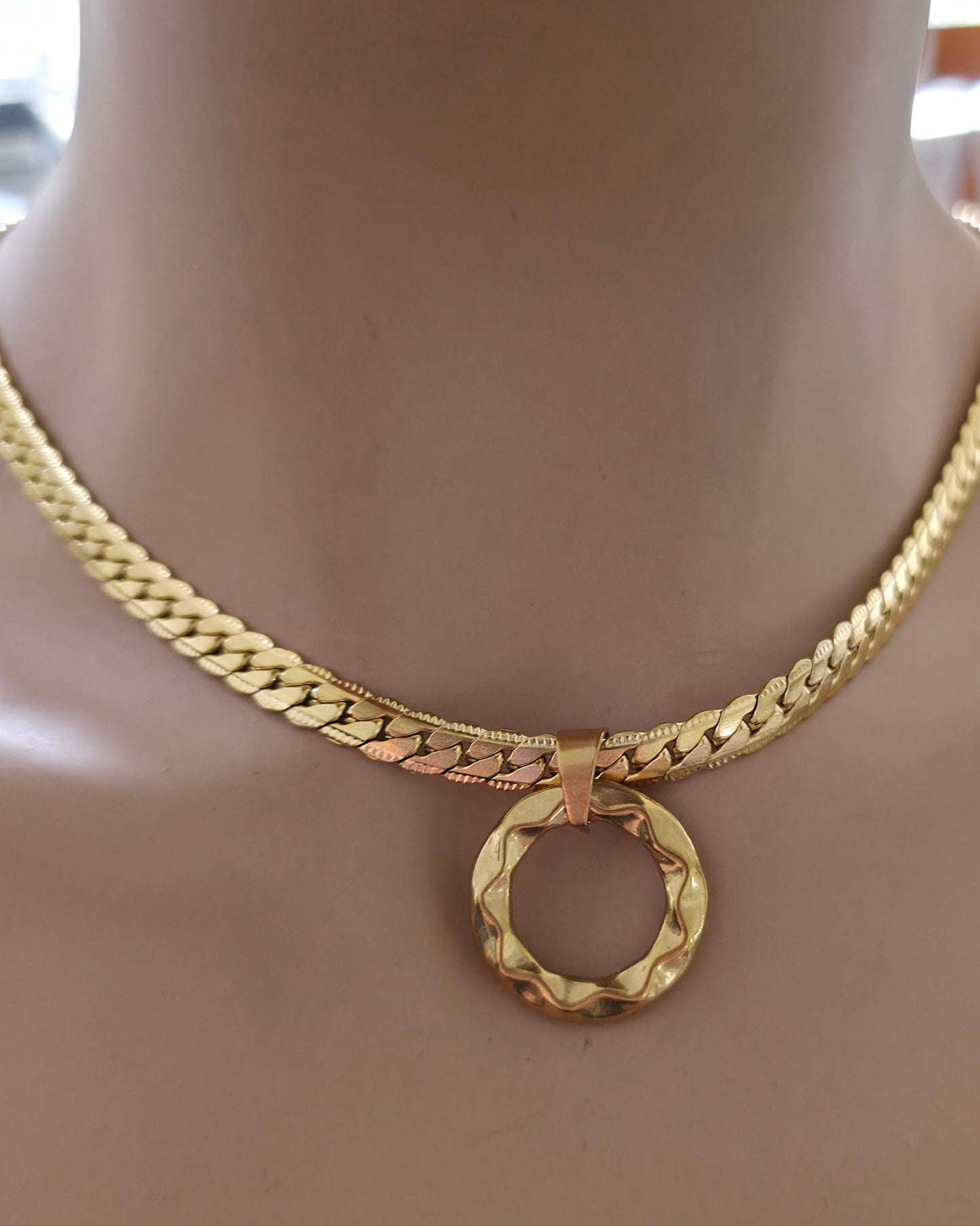 Mens Gold Steel Day Collar, Hammered O-Ring Pendant, Locking Option - Herringbone Chain Symbolic Necklace