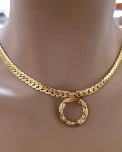 Mens Gold Steel Day Collar, Hammered O-Ring Pendant, Locking Option - Herringbone Chain Symbolic Necklace
