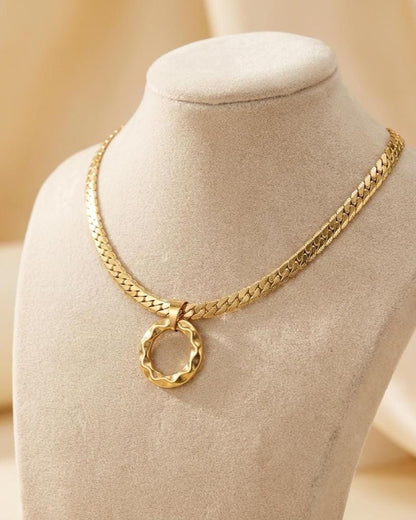 Mens Gold Steel Day Collar, Hammered O-Ring Pendant, Locking Option - Herringbone Chain Symbolic Necklace