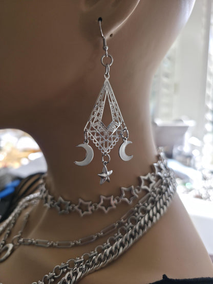 Crescent Moon Star Chandelier Dangle Earrings: Stainless Steel Witchy Celestial Jewelry