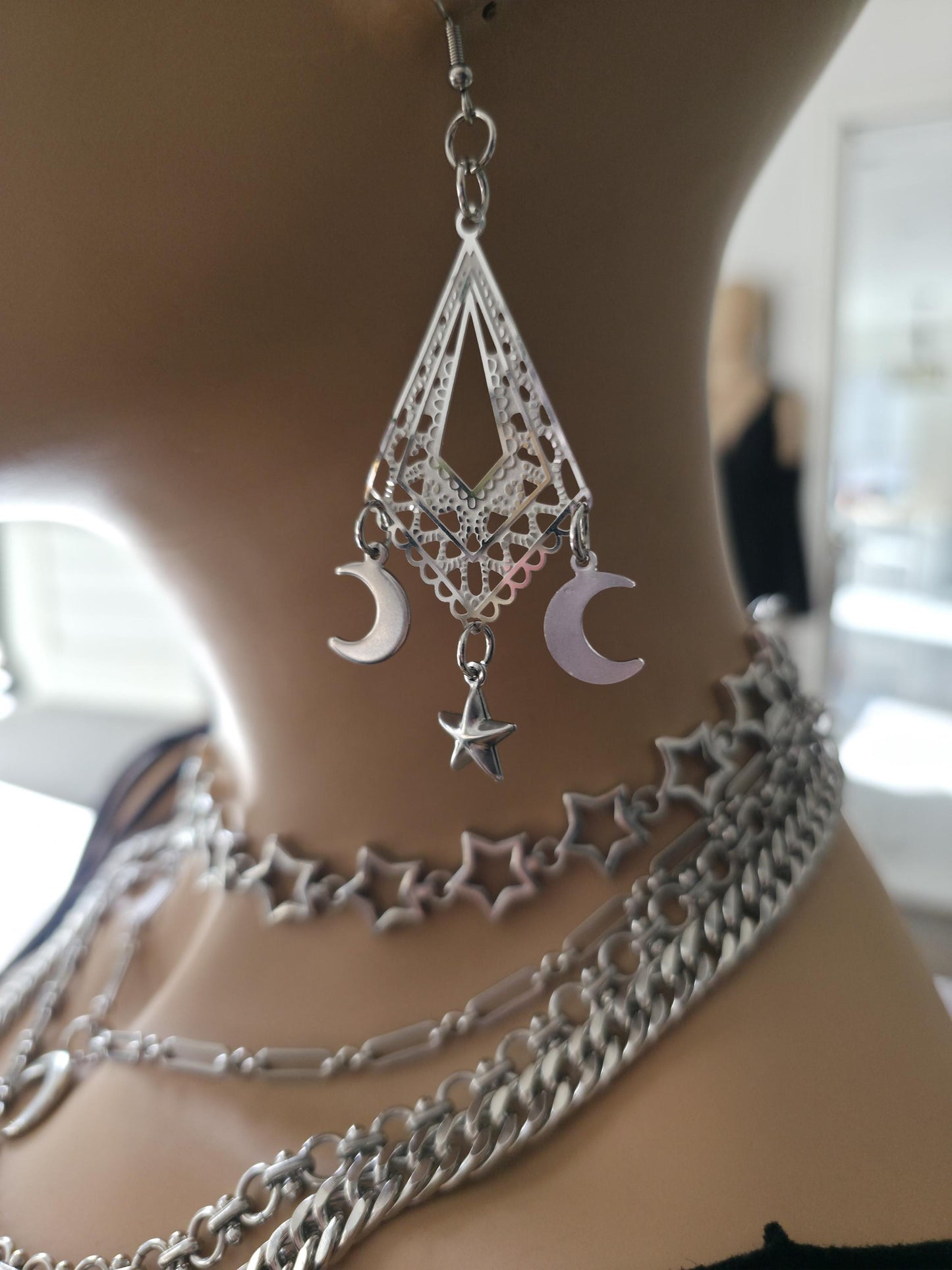 Crescent Moon Star Chandelier Dangle Earrings: Stainless Steel Witchy Celestial Jewelry