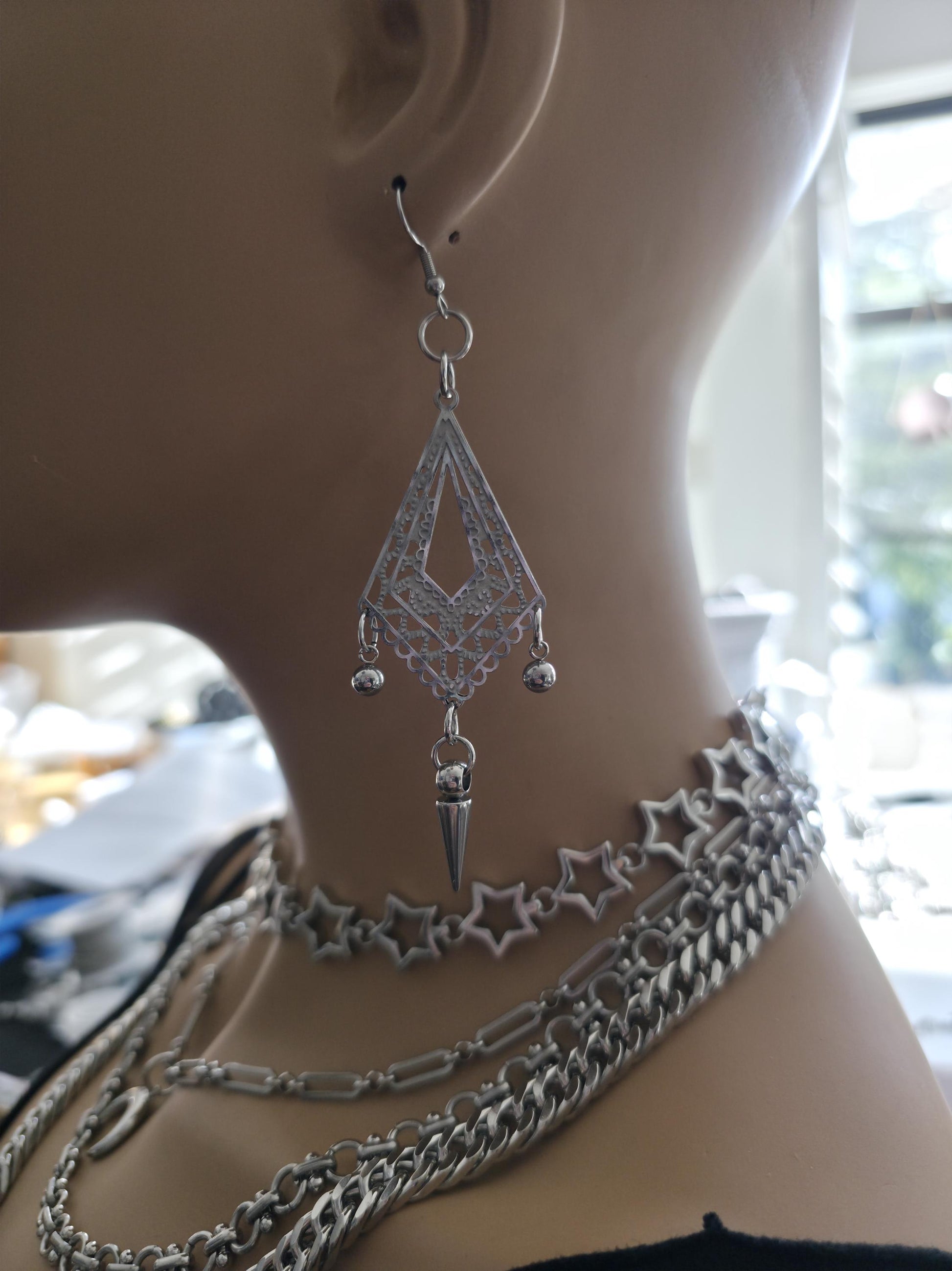 Gothic Spike Surgical Steel Chandelier Dangle Hoop Earrings: Goth Punk Jewelry