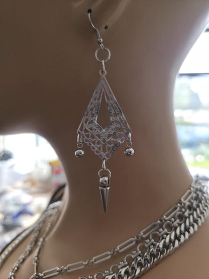 Gothic Spike Surgical Steel Chandelier Dangle Hoop Earrings: Goth Punk Jewelry