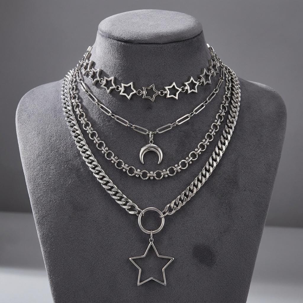 Stainless Steel Layered Star Necklace Set, Star Choker and Crescent Moon Chain, Gothic Celestial Necklace, Two Piece Layered Necklace