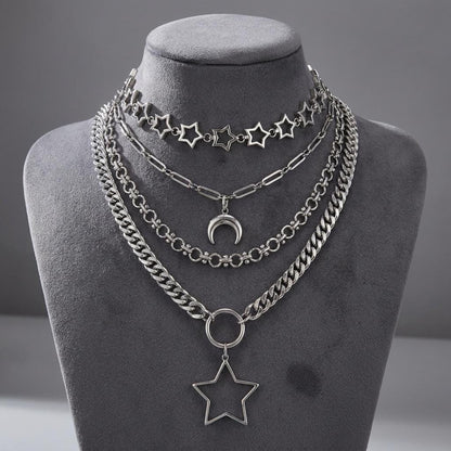 Stainless Steel Layered Star Necklace Set, Star Choker and Crescent Moon Chain, Gothic Celestial Necklace, Two Piece Layered Necklace