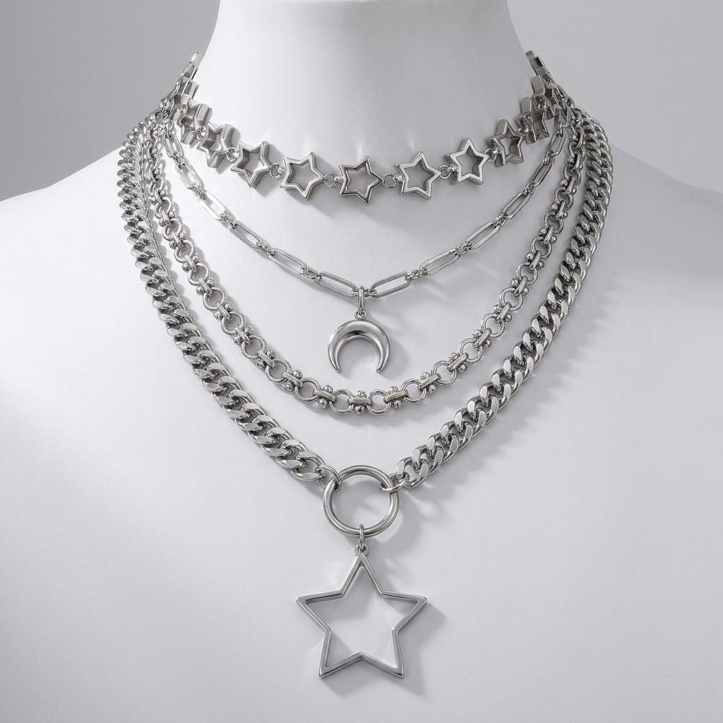 Stainless Steel Layered Star Necklace Set, Star Choker and Crescent Moon Chain, Gothic Celestial Necklace, Two Piece Layered Necklace