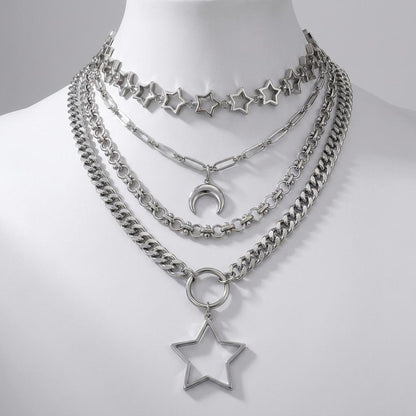 Stainless Steel Layered Star Necklace Set, Star Choker and Crescent Moon Chain, Gothic Celestial Necklace, Two Piece Layered Necklace